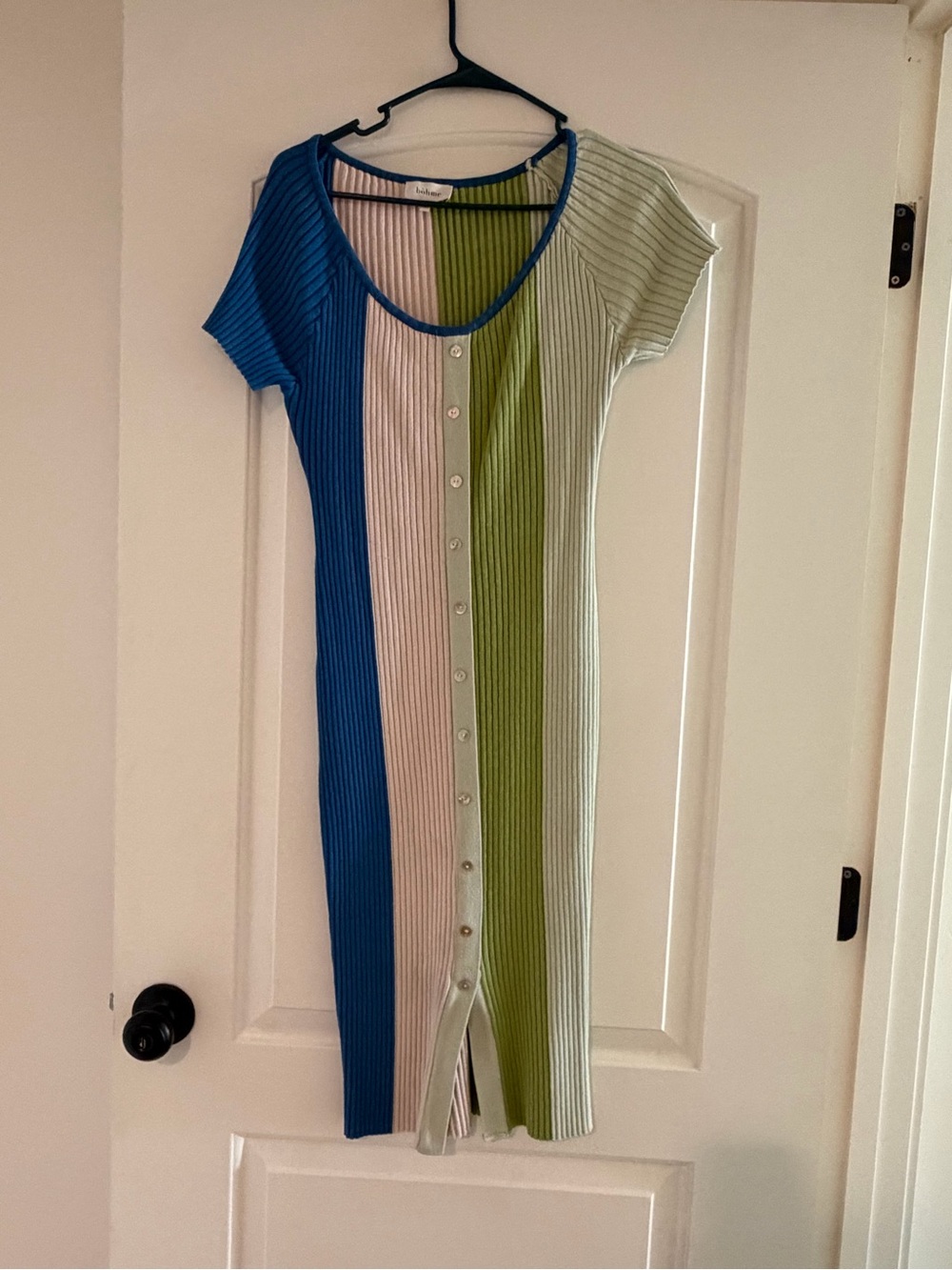 bohme Vertical Stripe Ribbed Button-Front Midi Dress in Blue, Cream & Green